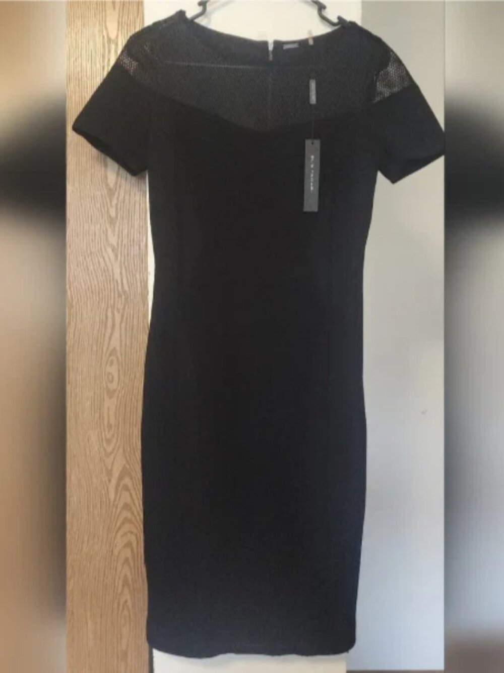 Elie Tahari Black Textured Sheath Dress Mesh Yoke Sz 14